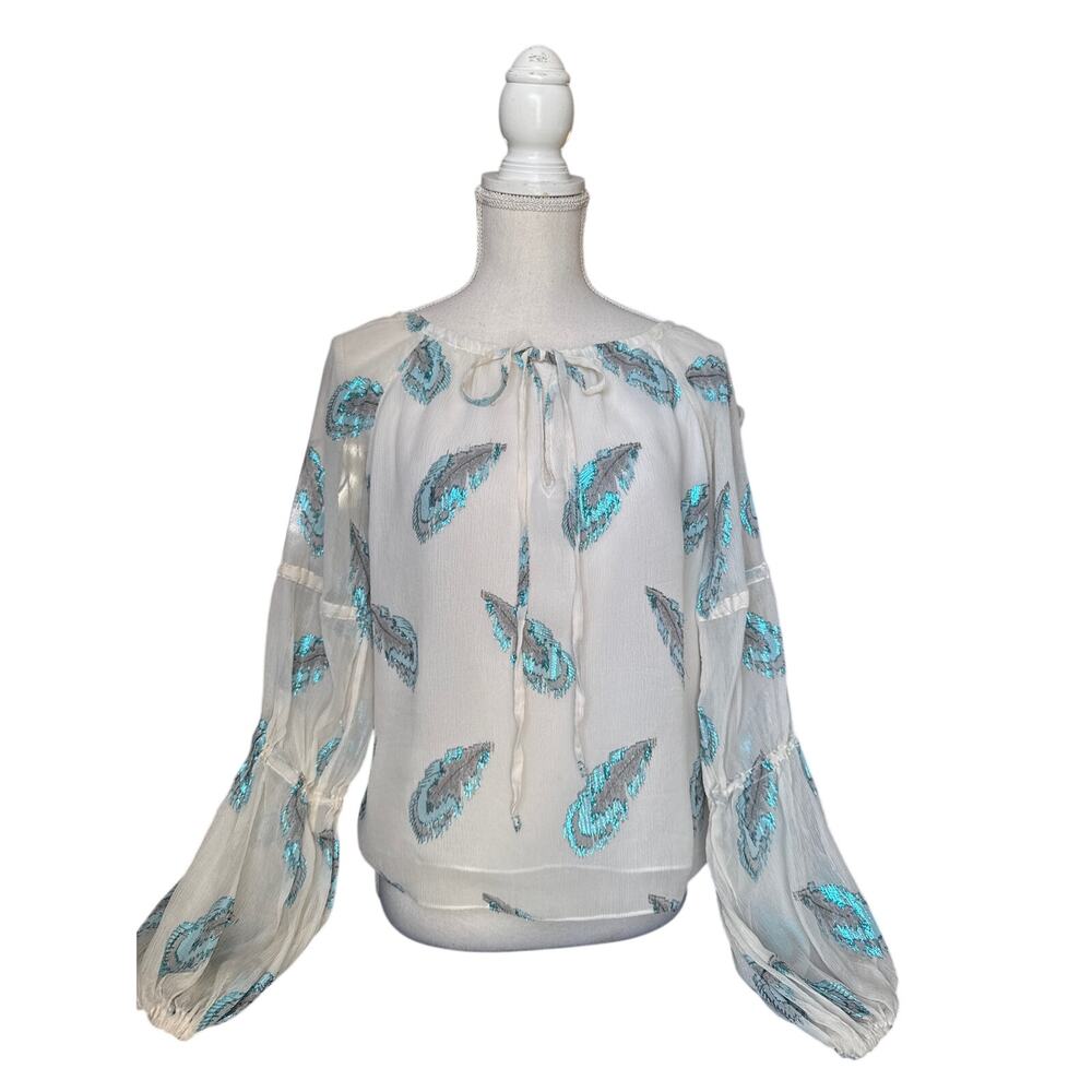 Ramy Brook Paulette Silk feather print peasant top XS